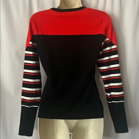 Karen Millen NWT Black/Orange/White Striped Long Sleeve Sweater Shirt Top - Picture 2 of 5